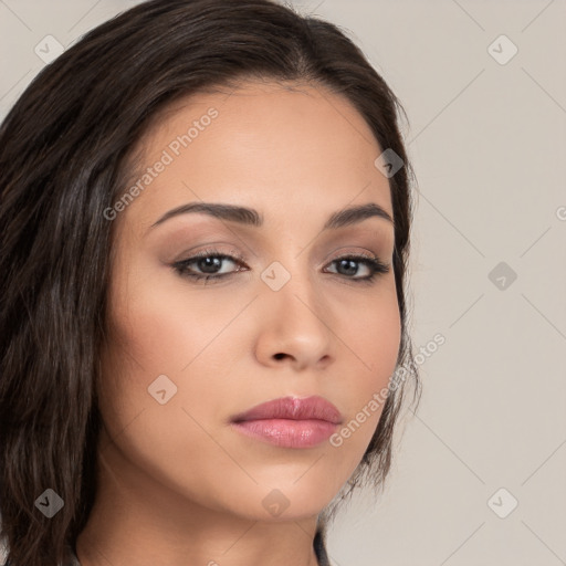 Neutral white young-adult female with long  brown hair and brown eyes