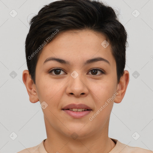 Joyful asian young-adult female with short  brown hair and brown eyes