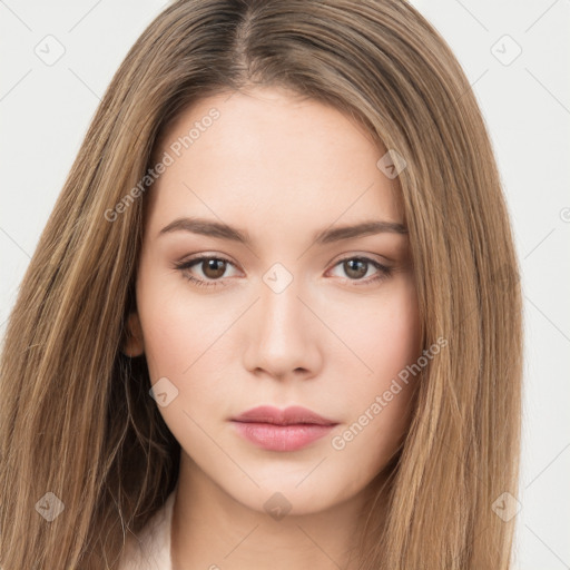 Neutral white young-adult female with long  brown hair and brown eyes