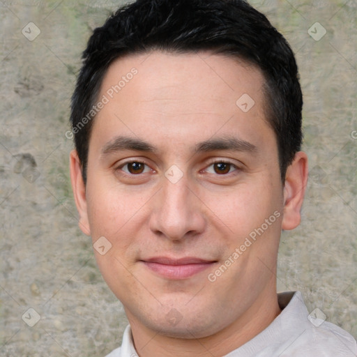 Joyful white young-adult male with short  brown hair and brown eyes