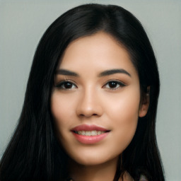 Joyful latino young-adult female with long  black hair and brown eyes