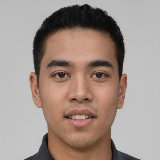 Neutral asian young-adult male with short  black hair and brown eyes