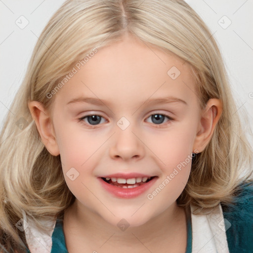 Joyful white child female with medium  brown hair and blue eyes