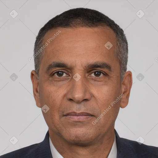 Neutral white adult male with short  black hair and brown eyes