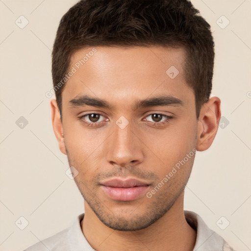 Neutral white young-adult male with short  brown hair and brown eyes