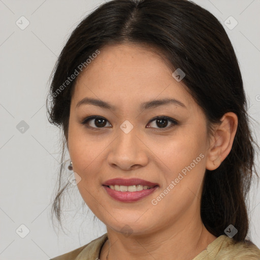 Joyful white young-adult female with medium  brown hair and brown eyes