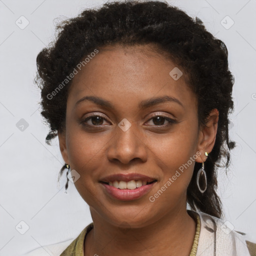 Joyful black young-adult female with long  brown hair and brown eyes