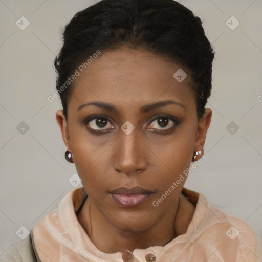 Neutral latino young-adult female with short  brown hair and brown eyes