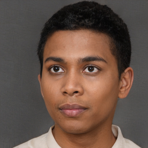Neutral black young-adult male with short  black hair and brown eyes