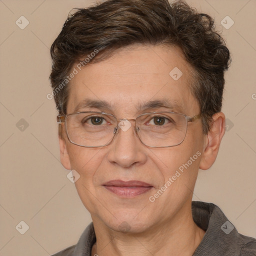 Joyful white middle-aged male with short  brown hair and brown eyes