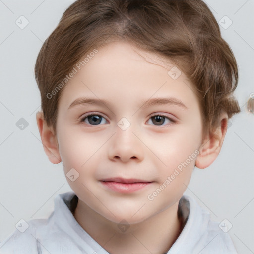 Joyful white child female with short  brown hair and brown eyes