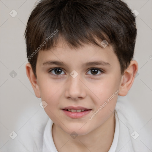 Joyful white child male with short  brown hair and brown eyes