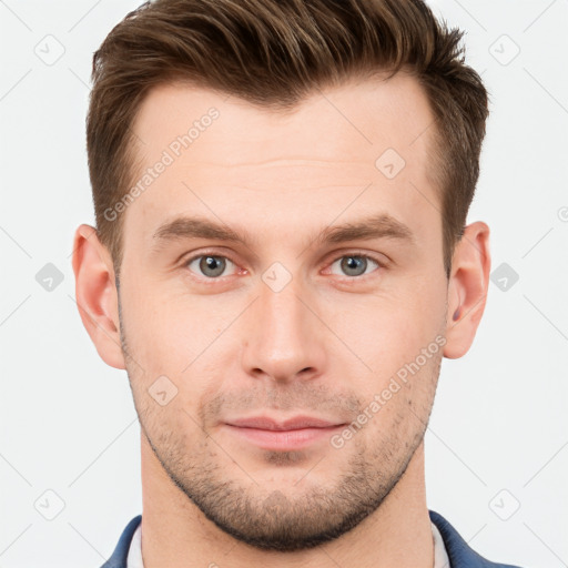 Neutral white young-adult male with short  brown hair and grey eyes