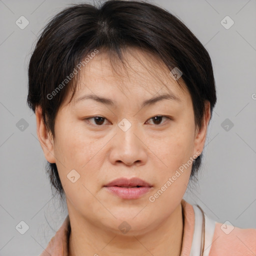 Joyful asian adult female with medium  brown hair and brown eyes