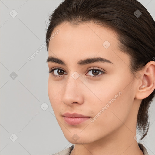 Neutral white young-adult female with medium  brown hair and brown eyes