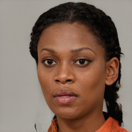 Neutral black young-adult female with medium  brown hair and brown eyes