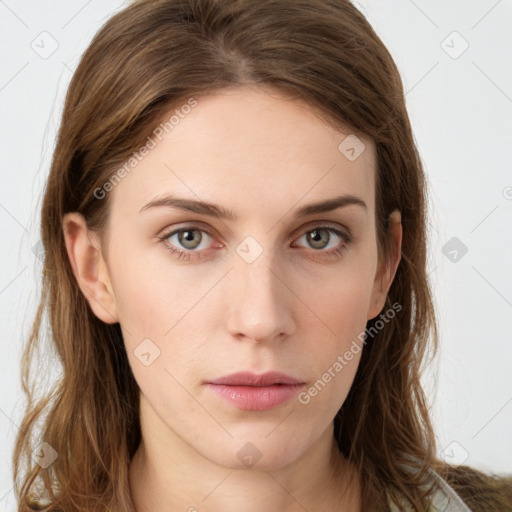 Neutral white young-adult female with long  brown hair and grey eyes