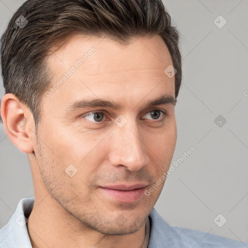 Neutral white young-adult male with short  brown hair and brown eyes