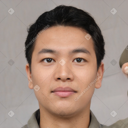 Neutral asian young-adult male with short  black hair and brown eyes