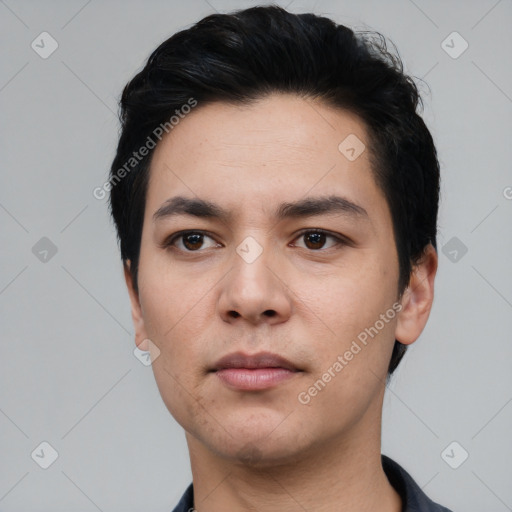 Neutral asian young-adult male with short  black hair and brown eyes