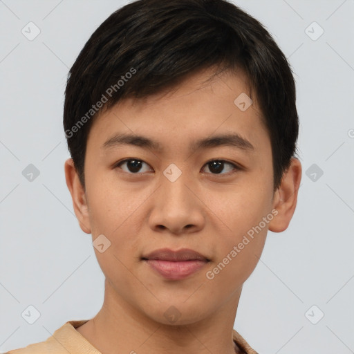 Neutral asian young-adult male with short  brown hair and brown eyes