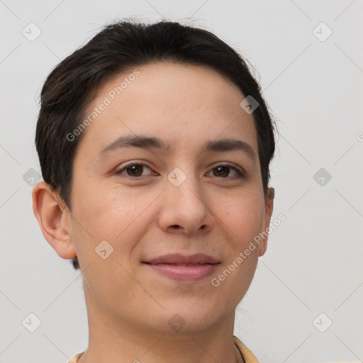 Joyful white young-adult female with short  brown hair and brown eyes