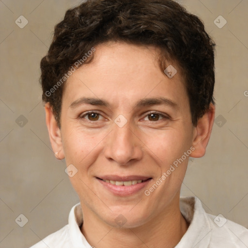 Joyful white adult female with short  brown hair and brown eyes