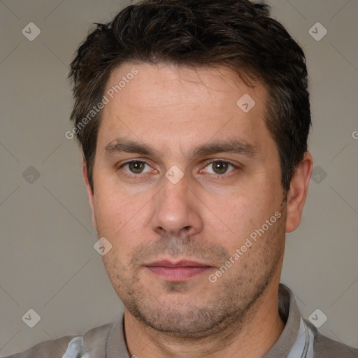 Neutral white adult male with short  brown hair and brown eyes