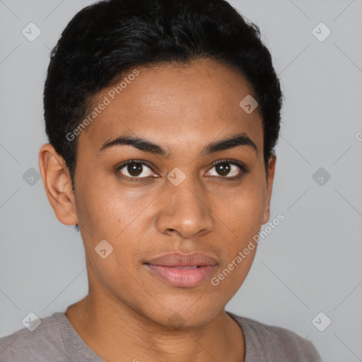 Joyful latino young-adult female with short  black hair and brown eyes