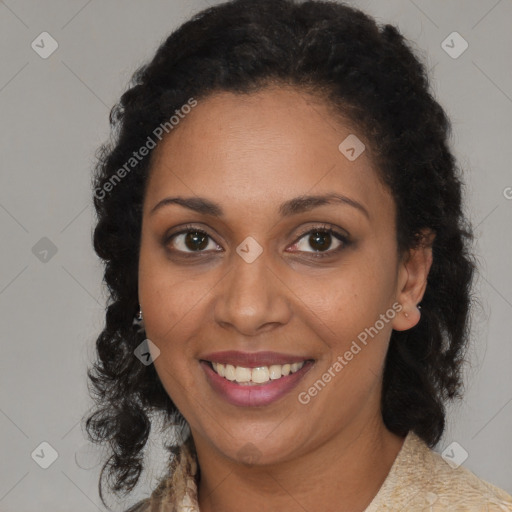 Joyful black young-adult female with medium  brown hair and brown eyes