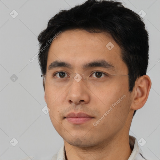 Neutral asian young-adult male with short  black hair and brown eyes