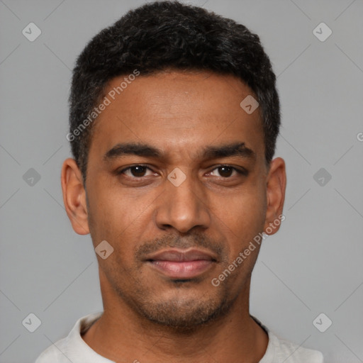 Neutral latino young-adult male with short  black hair and brown eyes