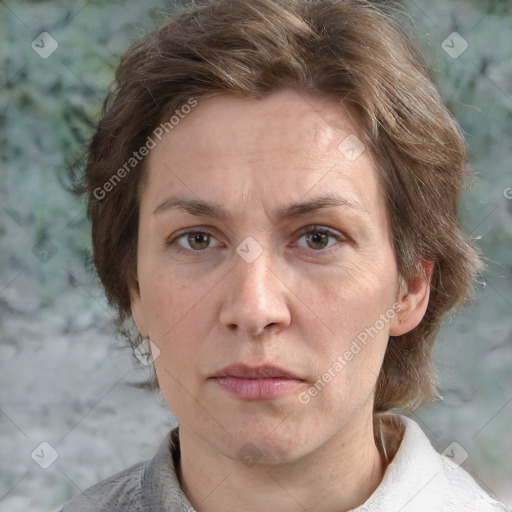 Joyful white adult female with short  brown hair and grey eyes