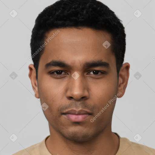 Neutral latino young-adult male with short  black hair and brown eyes