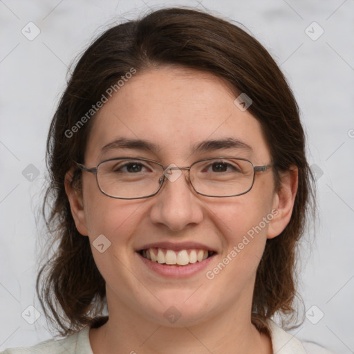 Joyful white adult female with medium  brown hair and grey eyes