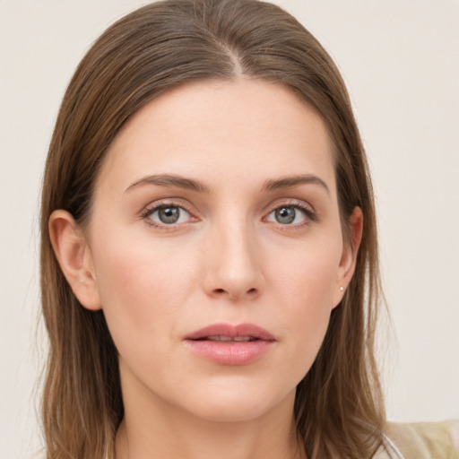 Neutral white young-adult female with long  brown hair and grey eyes