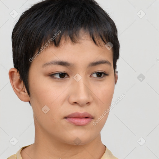 Neutral asian young-adult female with short  brown hair and brown eyes