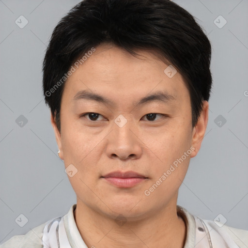 Neutral asian young-adult male with short  black hair and brown eyes