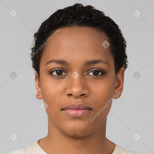 Neutral black young-adult female with short  black hair and brown eyes