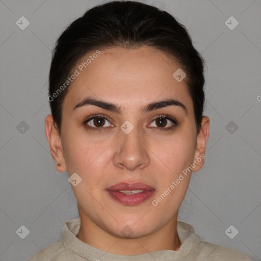 Joyful white young-adult female with short  brown hair and brown eyes