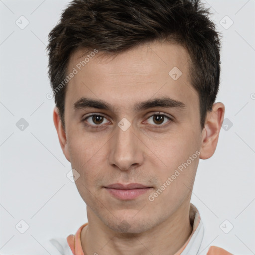 Neutral white young-adult male with short  brown hair and brown eyes