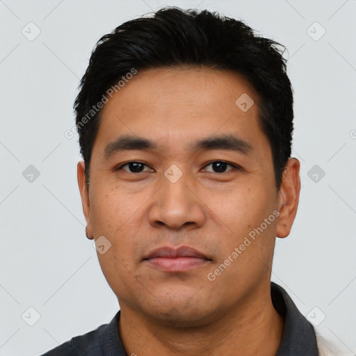 Neutral asian young-adult male with short  black hair and brown eyes