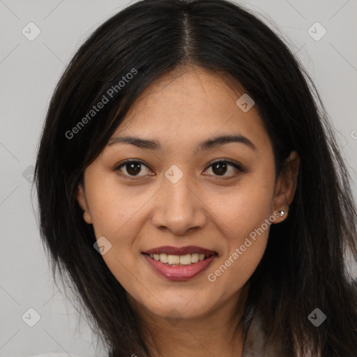 Joyful asian young-adult female with long  brown hair and brown eyes