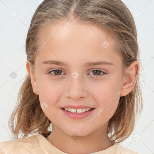 Joyful white child female with medium  brown hair and brown eyes