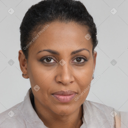 Joyful black adult female with short  brown hair and brown eyes