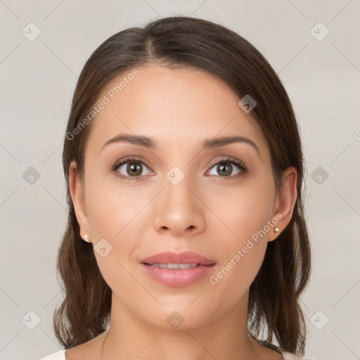 Neutral white young-adult female with medium  brown hair and brown eyes