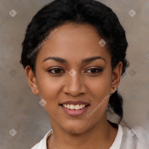 Joyful latino young-adult female with short  black hair and brown eyes