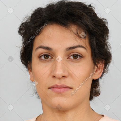 Neutral white young-adult female with short  brown hair and brown eyes