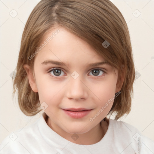 Joyful white child female with medium  brown hair and brown eyes