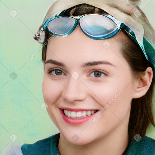 Joyful white young-adult female with long  brown hair and blue eyes